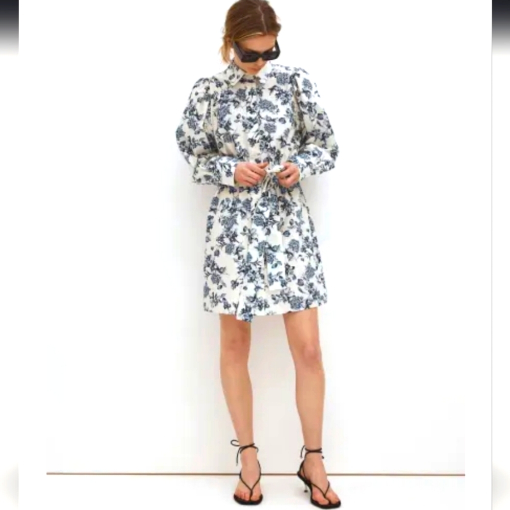 NWT H&M Tie-belt shirt dress, blue and white, women's size small